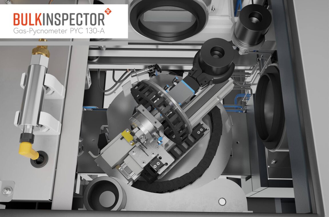 3D graphic of the interior view, showing the handling device, the measuring unit, the weighing device and the unloading unit.