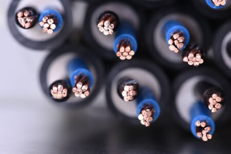 Close-up of copper cables with insulation - power cables
