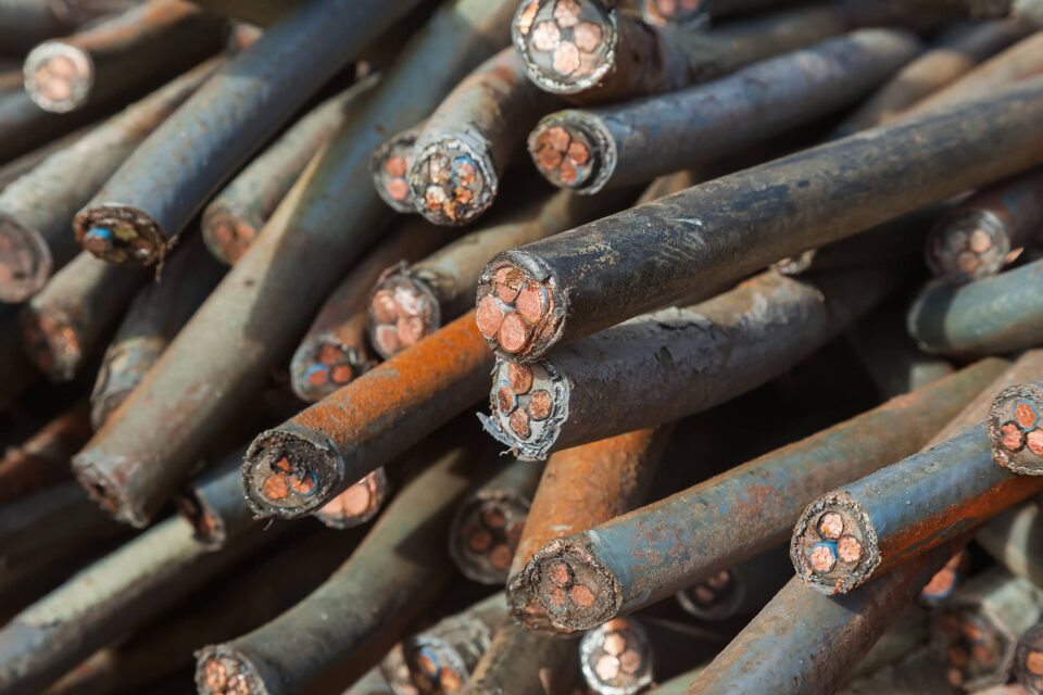 A pile of cable scrap (copper cable with insulation) for recycling